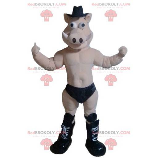 Mascotte de cochon de sanglier tout nu avec un slip noir -