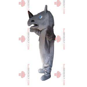 Mascotte de rhinocéros gris et noir, avec des yeux bleus sublimes