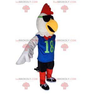 White chicken mascot in red and blue sportswear