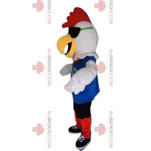 White chicken mascot in red and blue sportswear
