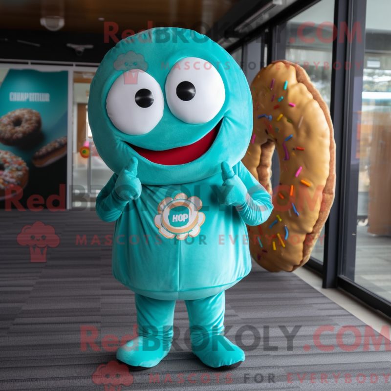 Fantasia de mascote do donute turquesa com moletom e brincos - Donuts mascotes - REBROKO_304170 - RedBrokoly.com
