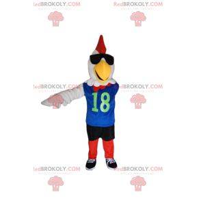 White chicken mascot in red and blue sportswear
