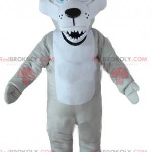 Mascota lobo gris y blanco con ojos azules y miradas