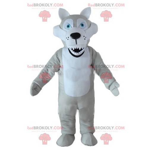 Grijze en witte wolf mascotte met blauwe ogen en vervelende