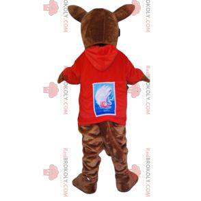 Brown kangaroo mascot in red jersey