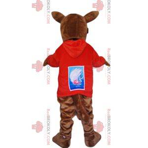 Brown kangaroo mascot in red jersey