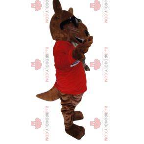 Brown kangaroo mascot in red jersey