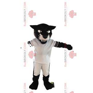 Mascotte zwarte panter in witte voetbaloutfit