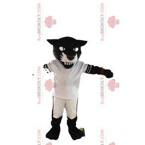 Schwarzes Panthermaskottchen im weißen Fußballoutfit