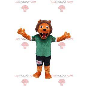 Mascota león naranja con ropa deportiva verde y negra