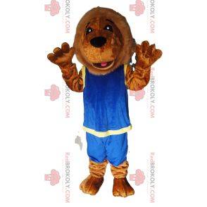 Mascote leão com roupa esportiva azul