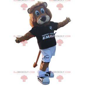 Mascotte de lion avec tenue de soccer noir