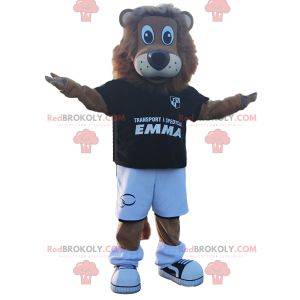 Mascotte de lion avec tenue de soccer noir