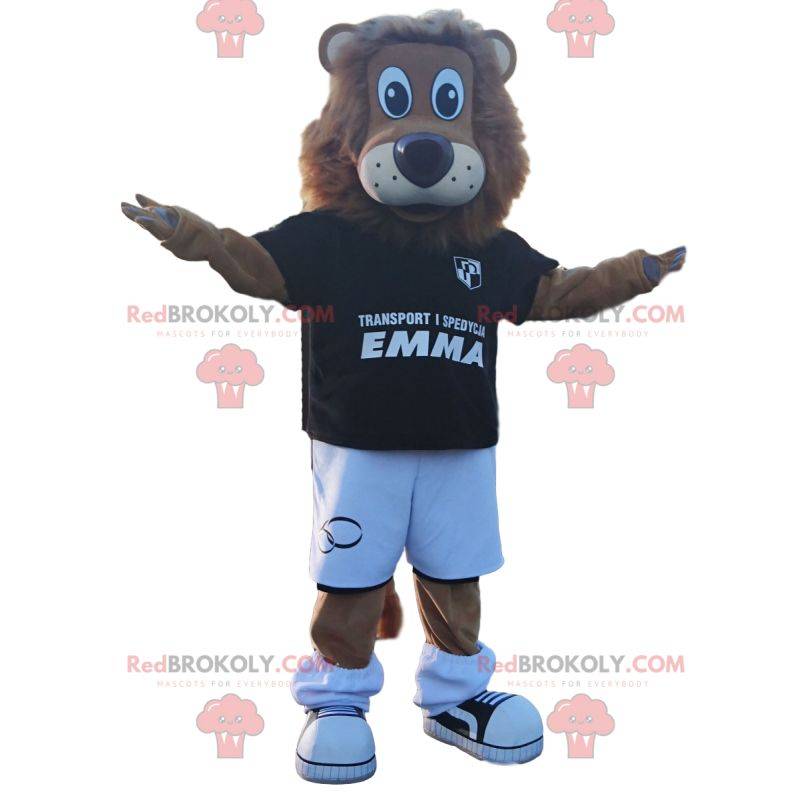 Maskot lva s černým fotbalovým oblečením Maskot lva s černým fotbalovým oblečením
