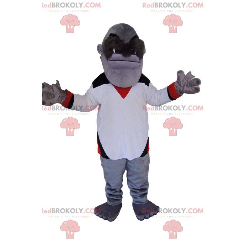 Mascot gray monkey with a white jersey. Monkey costume