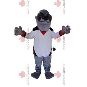 Macaco mascote cinza com uma camisa branca. Fantasia de macaco