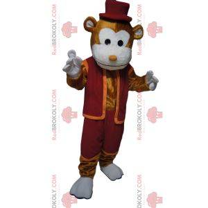 Fröhliches braunes Affenmaskottchen mit burgunderfarbenem Outfit und Hut