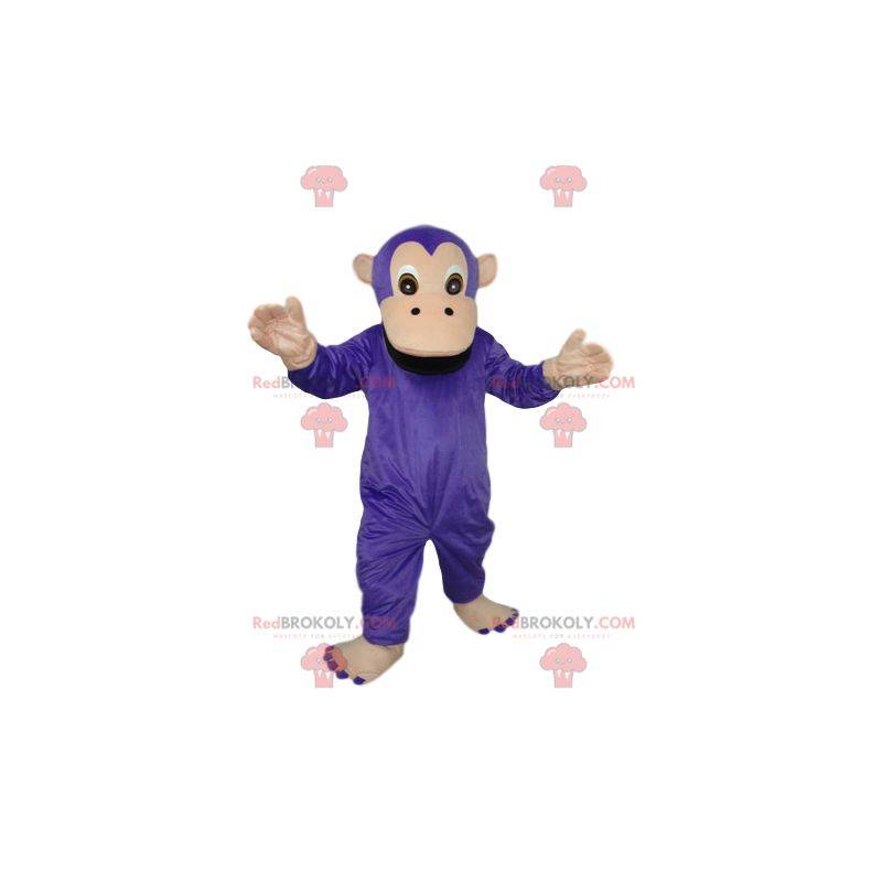 Lilla og brun abe-maskot. Abe kostume