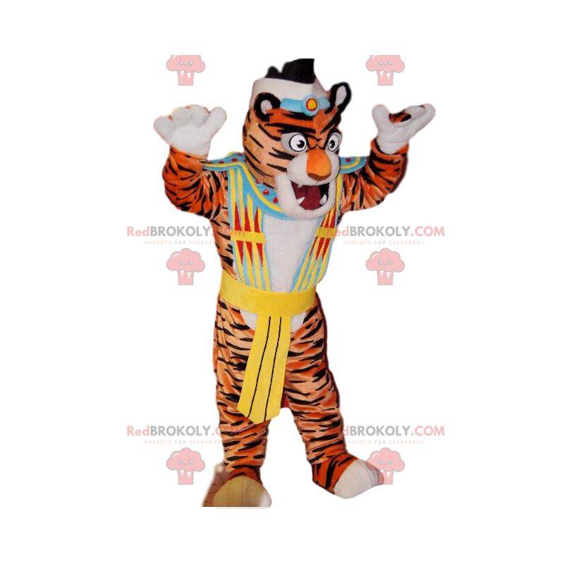 Mascote tigre com fantasia de nativo americano