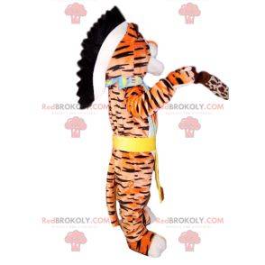 Mascota de tigre con un disfraz de nativo americano
