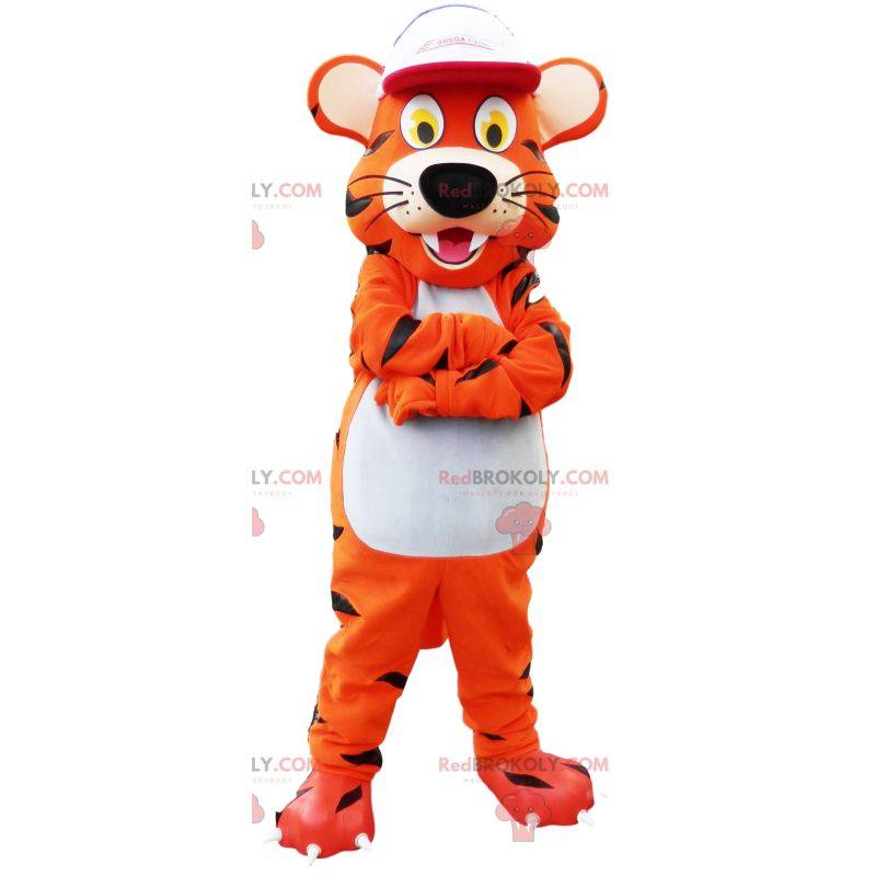 Mascote tigre com boné branco