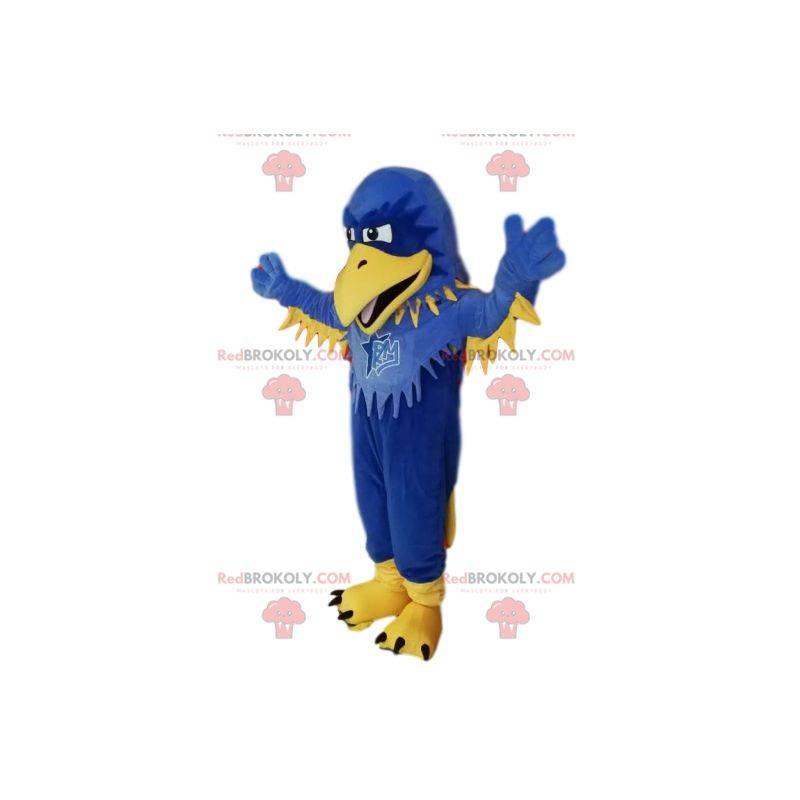 Mascotte d'aigle bleu et jaune, avec des volants. Costume d'aigle
