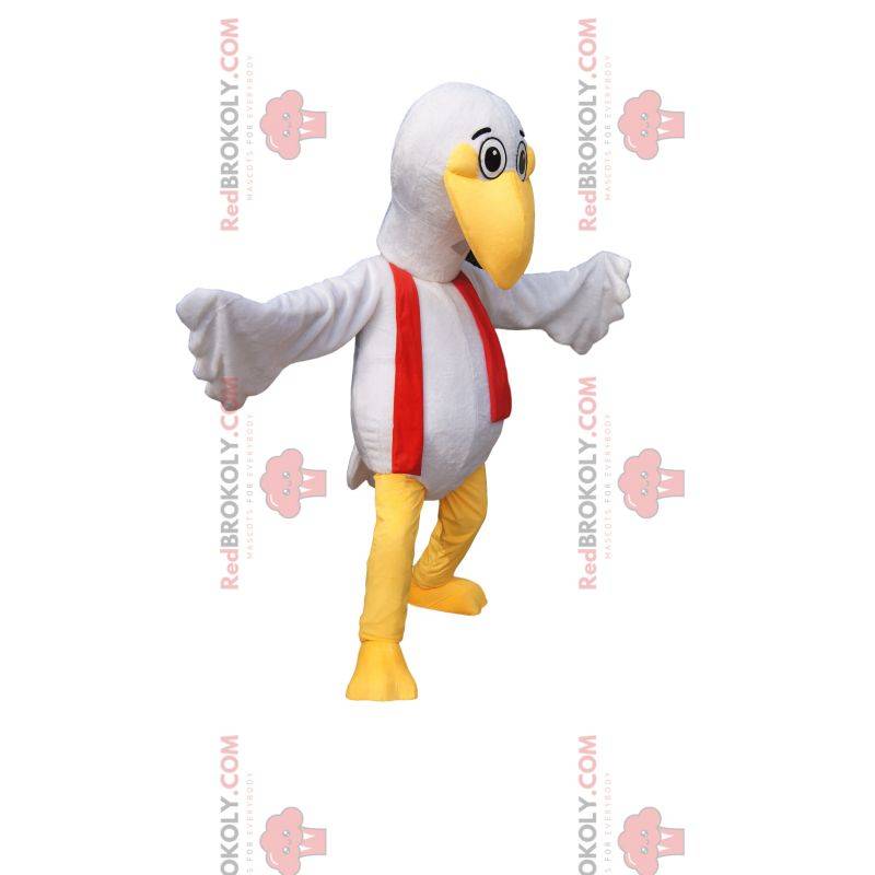 Maskot bílého ptáka s legrační zobákem a červeným šátkem