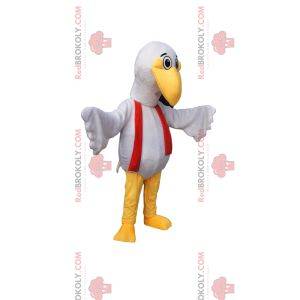 Mascotte uccello bianco con un divertente becco e una sciarpa rossa