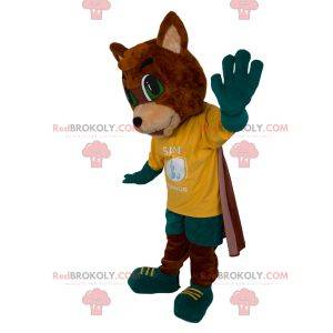 Maskot Fox se sportovním oblečením a pláštěm