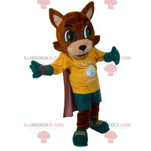 Mascotte de renard avec tenue de sport et cape