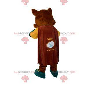 Mascota de Fox con ropa deportiva y capa.
