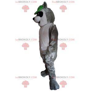 Raccoon maskot, med en grønn hette