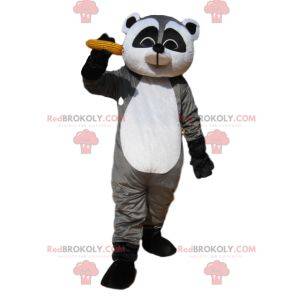 Mascot gray and black raccoon with an ear of corn