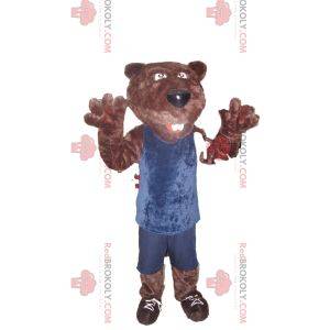 Mascote urso pardo em roupa esportiva azul