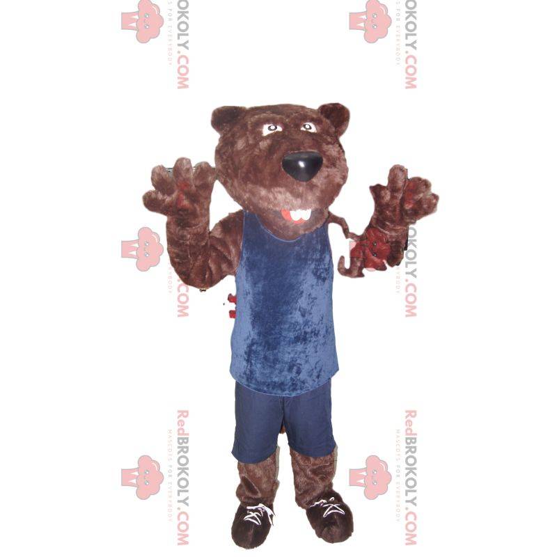 Medvěd hnědý maskot v modrém sportovním oblečení Medvěd hnědý maskot v modrém sportovním oblečení