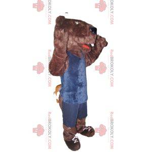 Mascote urso pardo em roupa esportiva azul