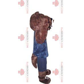 Brown bear mascot in blue sportswear