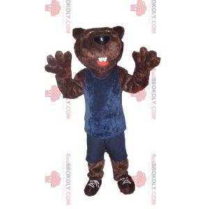 Braunbärenmaskottchen in blauer Sportbekleidung