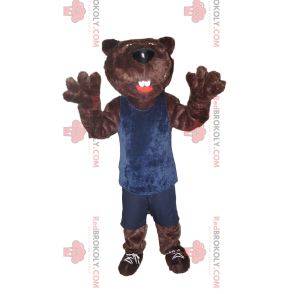 Mascote urso pardo em roupa esportiva azul