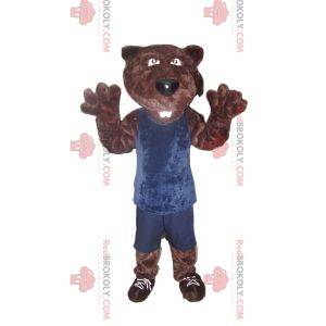 Brown bear mascot in blue sportswear