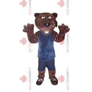 Brown bear mascot in blue sportswear