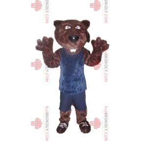 Brown bear mascot in blue sportswear