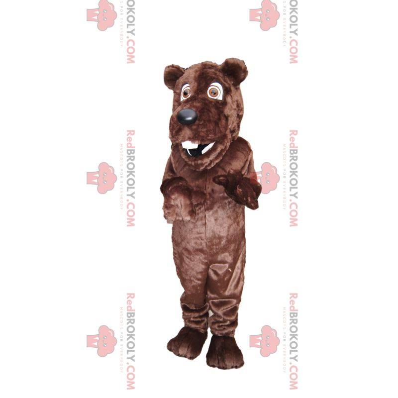 Zeer gelukkige bruine beer mascotte, met een mooie zwarte snuit