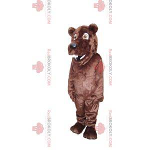 Mascotte orso bruno molto felice, con un bel muso nero