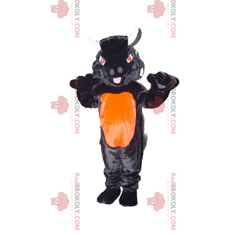 Mascota de toro negro y naranja con ojos rojos