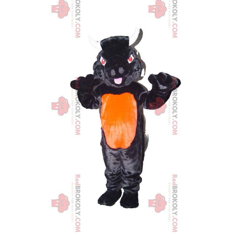Černá a oranžová býk maskot s červenýma očima Černá a oranžová býk maskot s červenýma očima