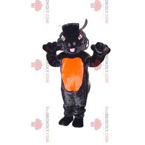 Mascotte de taureau noir et orange avec des yeux rouges