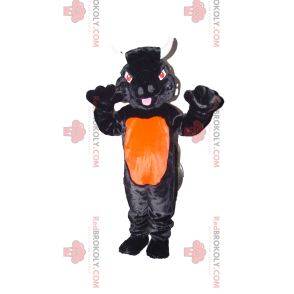 Mascote touro preto e laranja com olhos vermelhos