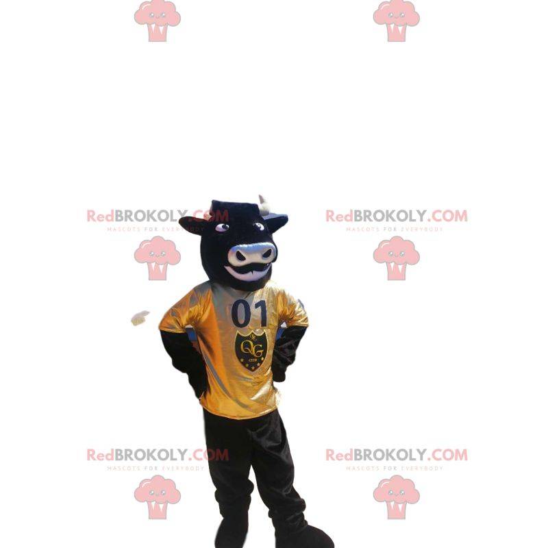 Mascota de toro muy entusiasta con jersey amarillo