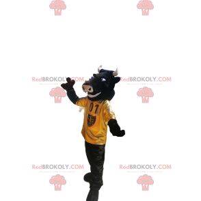 Very enthusiastic bull mascot with yellow jersey